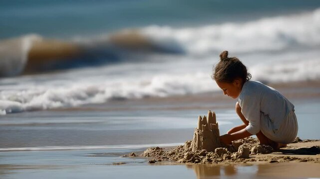 A child is focused on building a sandcastle along the shore, embracing creativity and imagination while experiencing the joyful connection with nature at the beach.