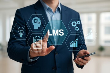 Modern Businessman Using Innovative LMS Software System for Online Training Education Development Digital Technology Elearning Platform Interactive Learning Modern Interface Business Growth Strategic 