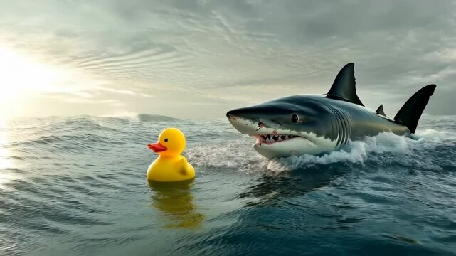 Shark chases rubber duck in ocean waves. A large shark pursues a bright yellow rubber duck in turbulent ocean waters under a cloudy sky.