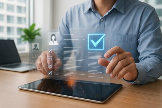 Digital Tablet Human Resources Applicant Review Process Online Selection Employment Hiring Candidate Assessment Modern Technology Business Professional Checkmarks Verification Efficient Workflow      