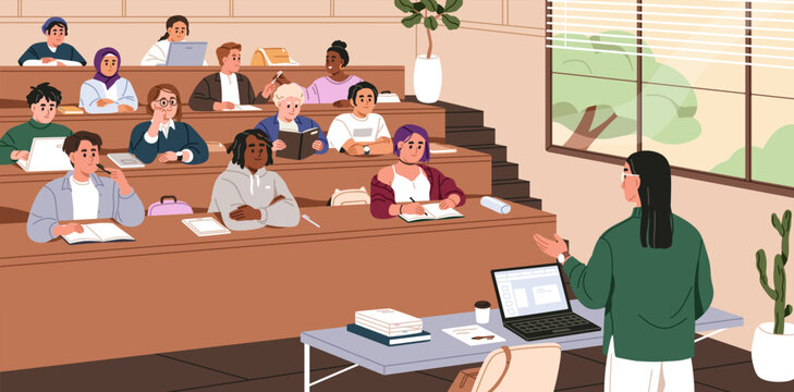 Lecture at university classroom. Teacher professor and audience. Students group sitting at desks in academic hall, auditorium, studying during education seminar, lesson. Flat vector illustration