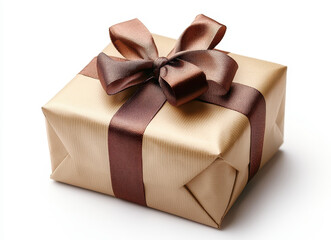 Obraz premium Elegant gift box wrapped in golden paper with a satin brown ribbon and bow, isolated on white background, perfect for celebrations and special occasions