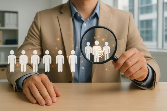 Businessman Selecting Ideal Candidate Target Audience Recruitment Hiring Process Magnifying Glass Human Resources Management Team Employee Search Professional Job Search Strategic Planning Successful 