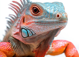 Fototapeta premium Vibrant Iguana Portrait Isolated on White Background Showcasing Detailed Scales and Striking Colors