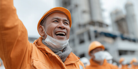 Workers celebrate success of anti-dumping policy in industrial setting during afternoon gathering