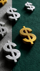 Distinctive arrangement of silver and gold dollar signs symbolizing financial planning and budgeting methods