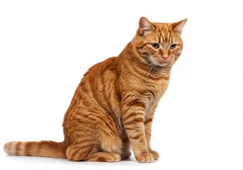 Obraz premium Attentive ginger tabby cat sitting upright on a white background looking slightly downward