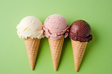 chocolate ice cream cone with three scoops--vanilla, dark chocolate, and strawberry--against a bright green background 