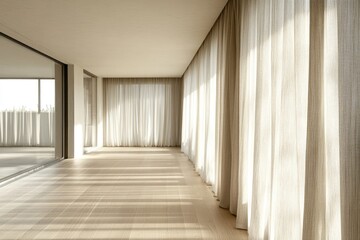 Modern, minimalist interior space with large windows and sheer curtains. Sunlight streams through the room, highlighting the light-colored flooring and walls