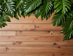 Clean Wooden Table Background with Tropical Green Leaves – Top View for Food and Product Display