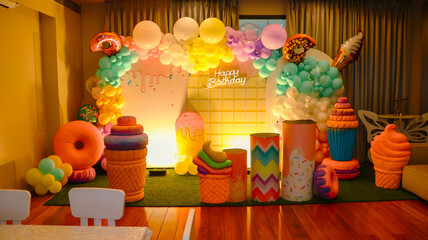 Bangalore, India 9th April 2025:  Birthday Celebrations at a rich penthouse. Indian kids and friends celebrating themed birthday party.