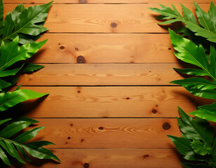 Clean Wooden Table Background with Tropical Green Leaves – Top View for Food and Product Display