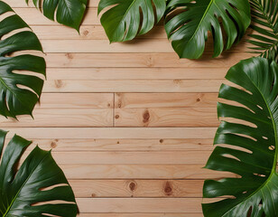 Clean Wooden Table Background with Tropical Green Leaves – Top View for Food and Product Display