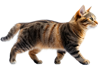 Cute tabby cat in walking pose on transparent background, ultra realistic picture for pet care, animal welfare and veterinary services