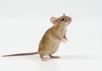 A curious brown house mouse stands upright on a white background while looking up