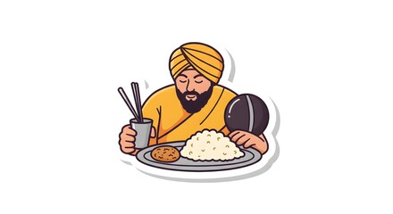 Sikh Man Eating Traditional Meal Illustration