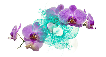 Naklejka premium Soft-Focus Digital Art of Purple Orchids Merging With Turquoise Fractal Shapes on a Light Background