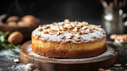 almond cake (Namandier), golden, moist almond cake with slivered almonds, served on a rustic wooden platter, lightly dusted with powdered sugar 