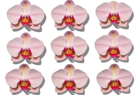 Nine light pink phalaenopsis orchids arranged in a grid pattern on a white background with soft shadows