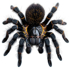 Close-up tarantula spider with detailed legs on transparent background, sharp focus image for macro photography and detailed studies