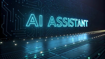 The text AI Assistant glowing on a neon digital data background with flowing binary streams, symbolizing a virtual AI co-pilot and intelligent automation enhancing productivity and collaboration in mo