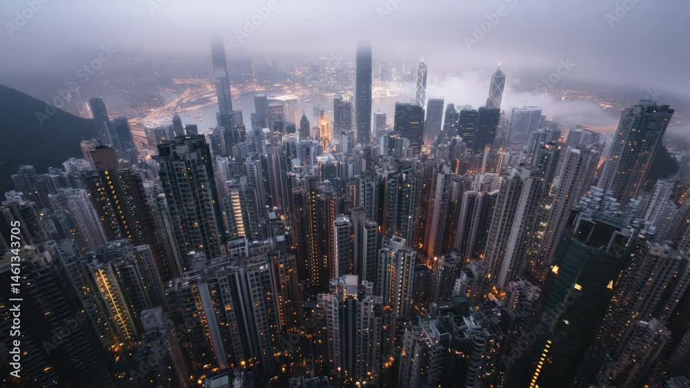 Poster fog gently rising over hong kong's towering skyscrapers at dusk, creating a mysterious and evocative