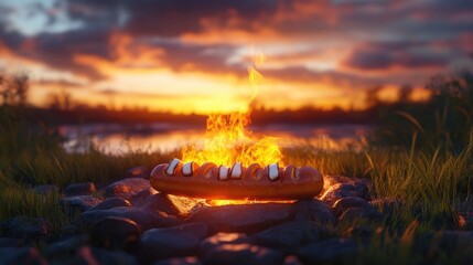 A hotdog and marshmallow roasting over a campfire at sunset 
