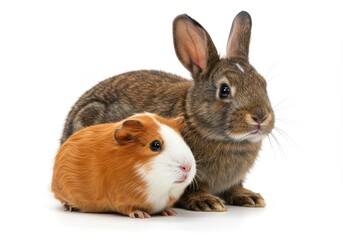 Obraz premium Guinea pig and rabbit sitting together on a white background
