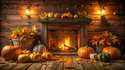 Obraz premium Warmly lit cozy autumnal fireplace scene with multiple pumpkins in a rustic wooden cabin background surrounded by lush greenery and fallen leaves, warm lighting, fall decor