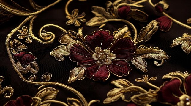 Exquisite floral motifs showcased in the art of zardozi embroidery. 