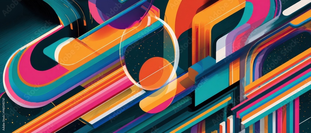 Poster abstract geometric background with vibrant colorful lines and shapes creating a modern retro design 