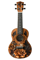 Obraz premium Brown ukulele with intricate inlaid design on cut out background, crystal clear photography for music stores and product listings