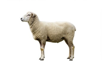 Fototapeta premium Side view of a sheep standing against a white background in a studio shot