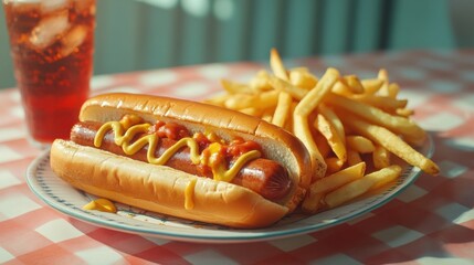 A classic hotdog meal with fries and a soda on a checkered tablecloth