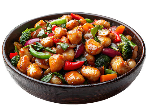 A delicious vegetable stir fry cooked in a wok with a cut out background, ultra realistic image for food magazine articles, blog posts and social media content