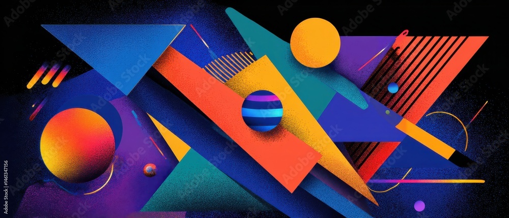 Poster vibrant geometric abstract background with triangles, spheres, and lines in a modern colorful design