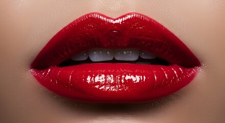 Obraz premium Glossy Red Lips with White Teeth Close-Up | Sensual Beauty and Fashion Portrait for Cosmetics and Makeup Advertising