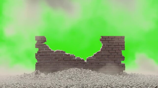 Realistic explosion effect on a brick wall, creating a large hole with debris scattered outward, green background
