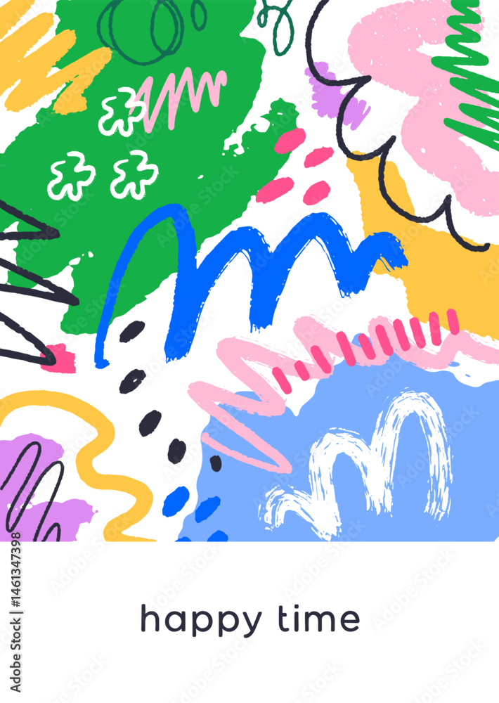 Poster Abstract doodle card design with scribble drawings, blots and blobs pattern. Creative colorful postcard with brushstrokes, random freehand shapes, elements in modern style. Flat vector illustration