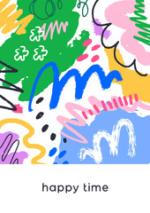 Abstract doodle card design with scribble drawings, blots and blobs pattern. Creative colorful postcard with brushstrokes, random freehand shapes, elements in modern style. Flat vector illustration