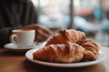 Fresh Croissants and Coffee Served on a Wooden Table in Café