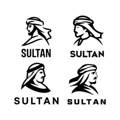 Set of Four Stylized Black Sultan or Ruler Icons with Turbans and Text on White Background