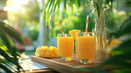 Refreshing mango drinks served in tropical setting