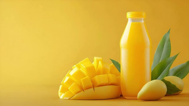 Sliced mango and juice bottle on yellow background