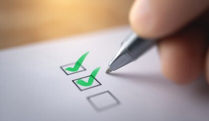 Hand Checking Items on a Checklist with Green Markers in Focus