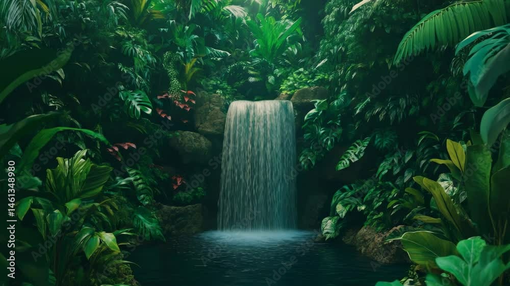 Poster bright sunlight filtering through lush rainforest canopy, revealing cascading waterfall splashing in
