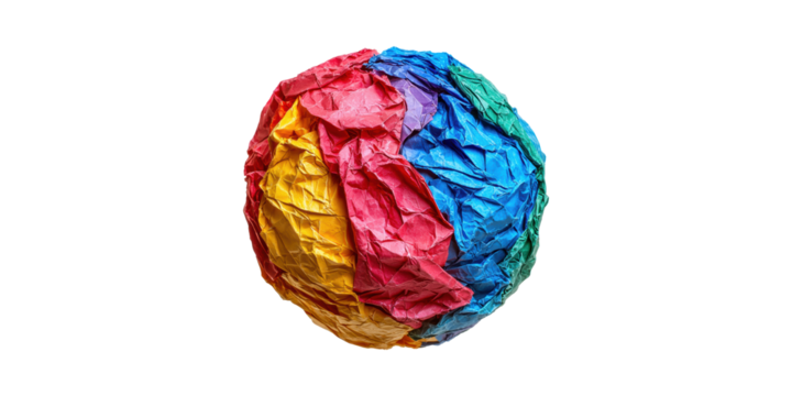 Crumpled Multicolored Paper Ball. Creativity And Recycling Concept Isolated On Transparent Background