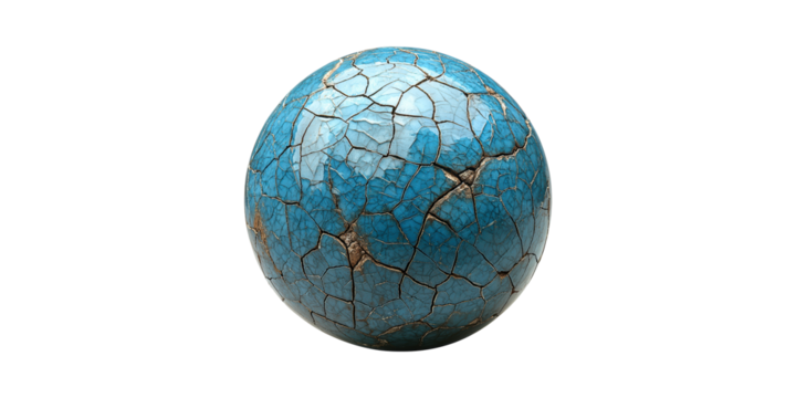 Cracked Blue Sphere. Symbolizes Fragility And Imperfection In Design Isolated On Transparent Background
