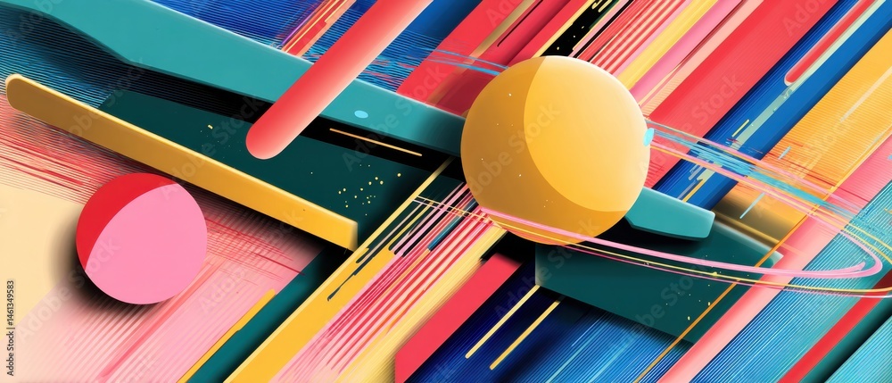 Poster dynamic abstract background with colorful geometric shapes and spheres creating a vibrant and modern