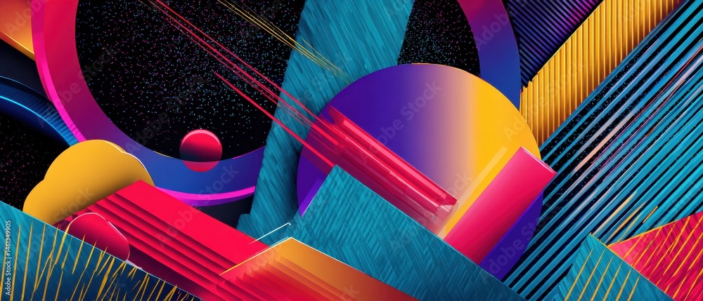 Poster vibrant abstract 3d geometric shapes with dynamic lines and colorful gradients on dark background, m